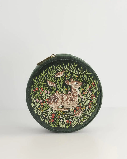 FABLE Chloe Fawn Embroidered Jewellery Box - Green - Fable England