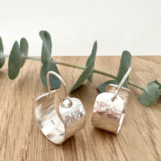 Pair of silver hoop earrings on a wooden surface with a small sprig of eucalyptus leaves.