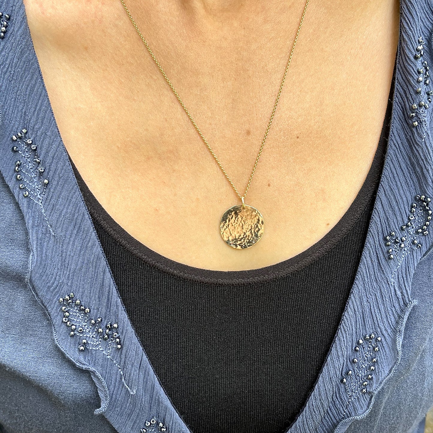 19mm 14k yellow gold disc necklace by Rebecca Cordingley