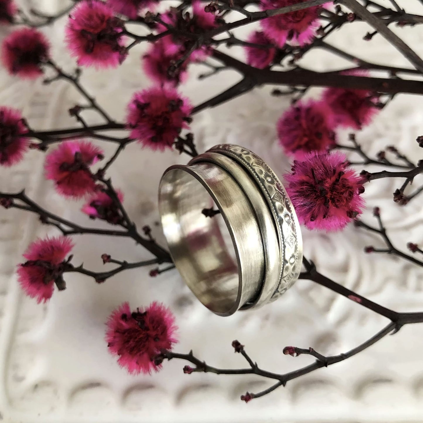 Sterling Silver Fidget Ring with Flower Pattern - Rebecca Cordingley Jewellery