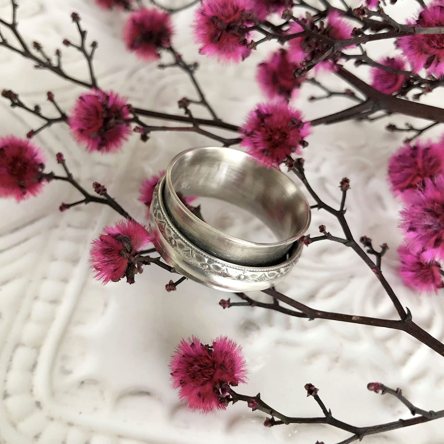 Sterling Silver Fidget Ring with Flower Pattern - Rebecca Cordingley Jewellery