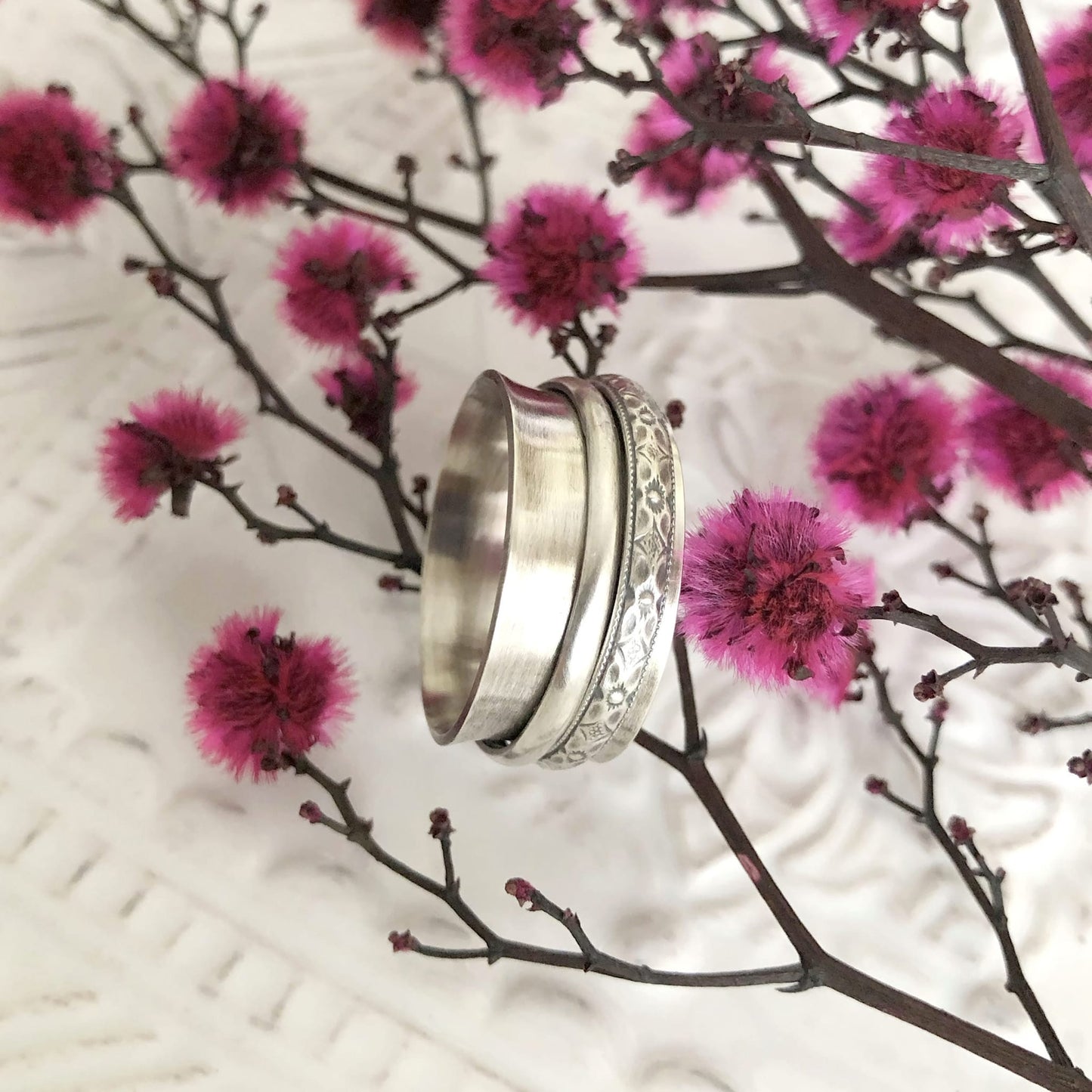 Sterling Silver Fidget Ring with Flower Pattern - Rebecca Cordingley Jewellery