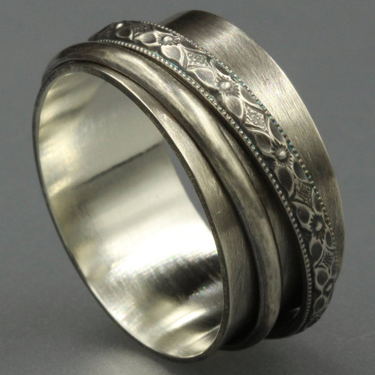 Sterling Silver Fidget Ring with Flower Pattern - Rebecca Cordingley Jewellery