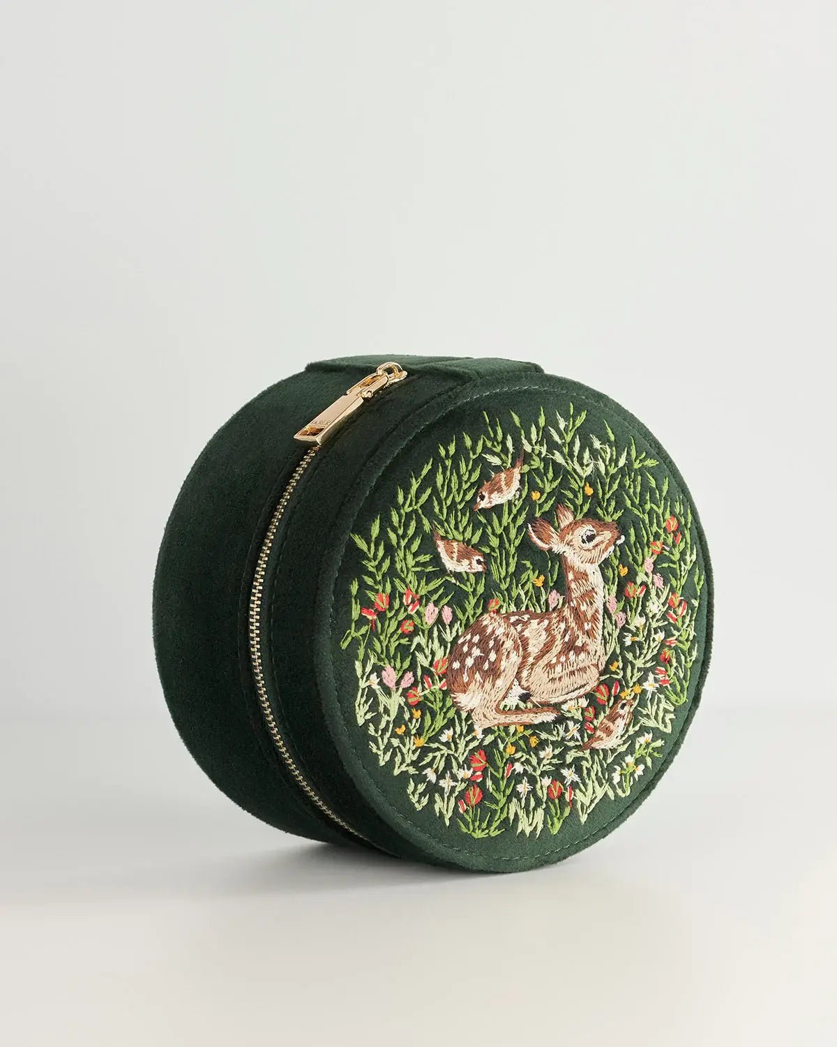 FABLE Chloe Fawn Embroidered Jewellery Box - Green - Fable England