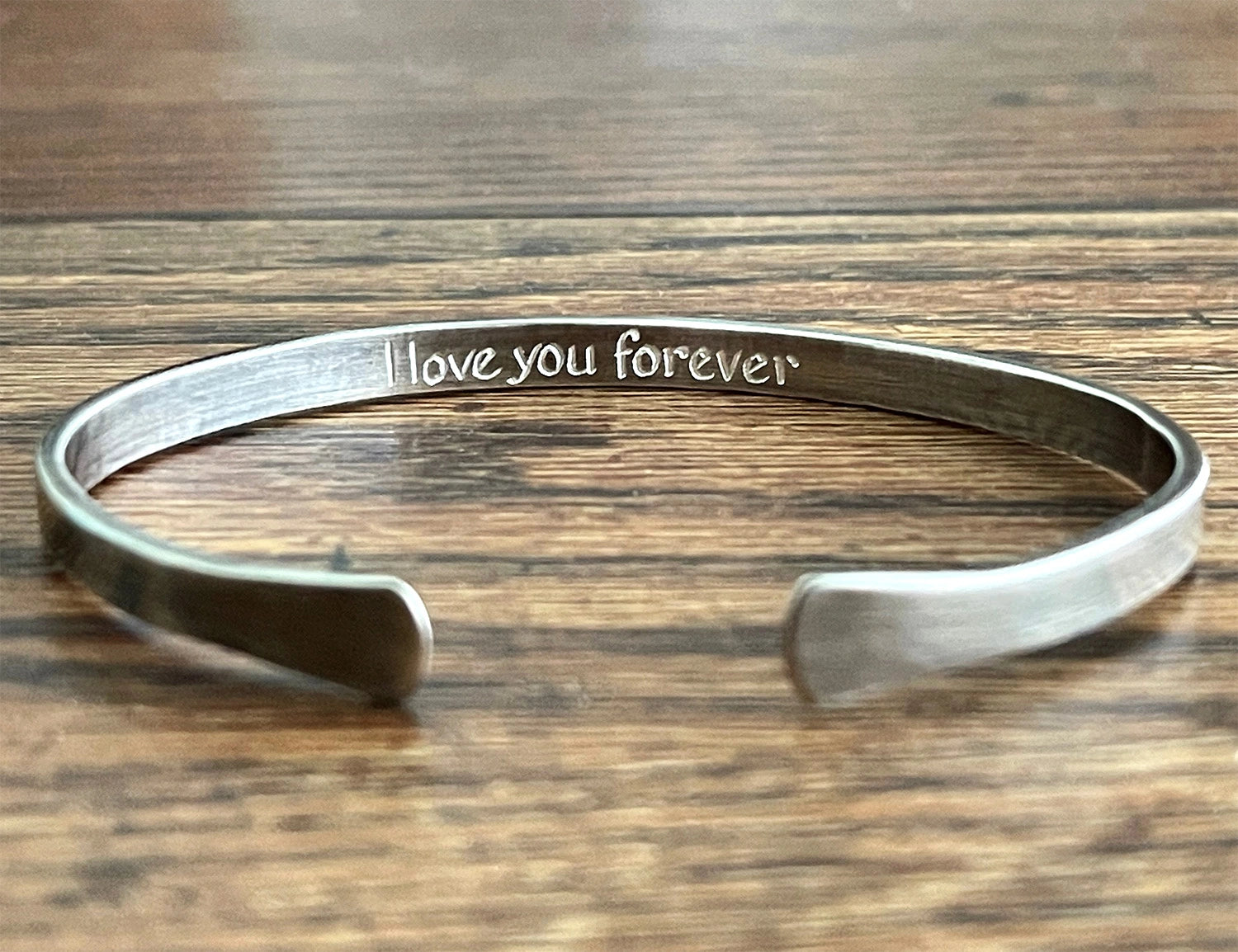 Engraved sterling silver cuff bracelet with "I love you forever" inscription - handmade jewellery gift Australia