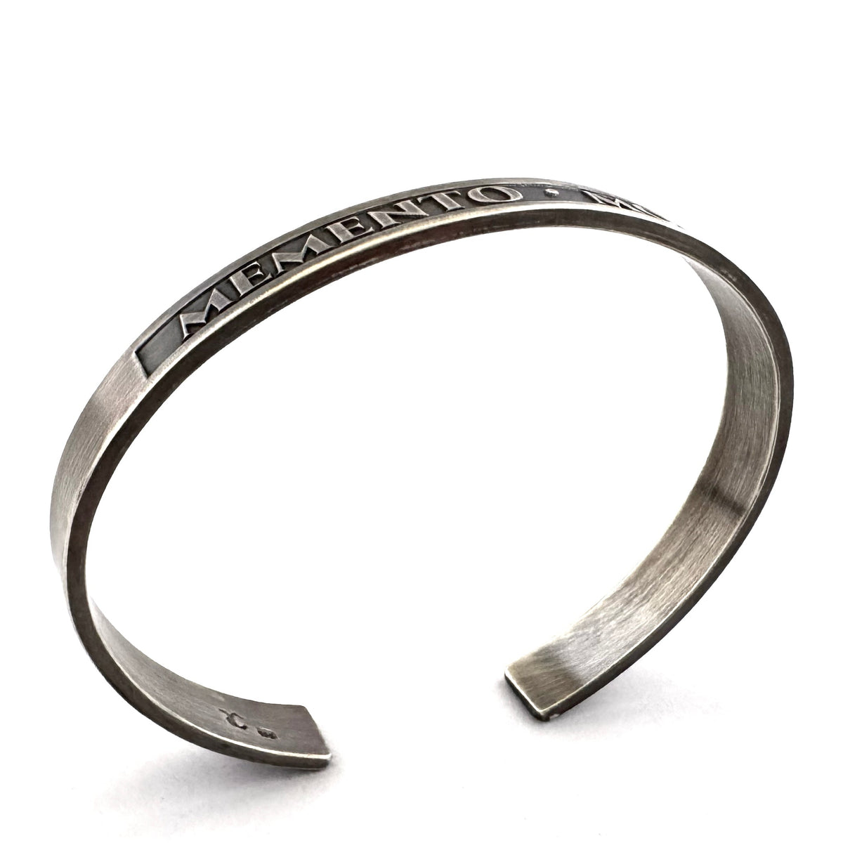 Memento mori silver cuff bracelet with 925 sterling silver hallmark visible