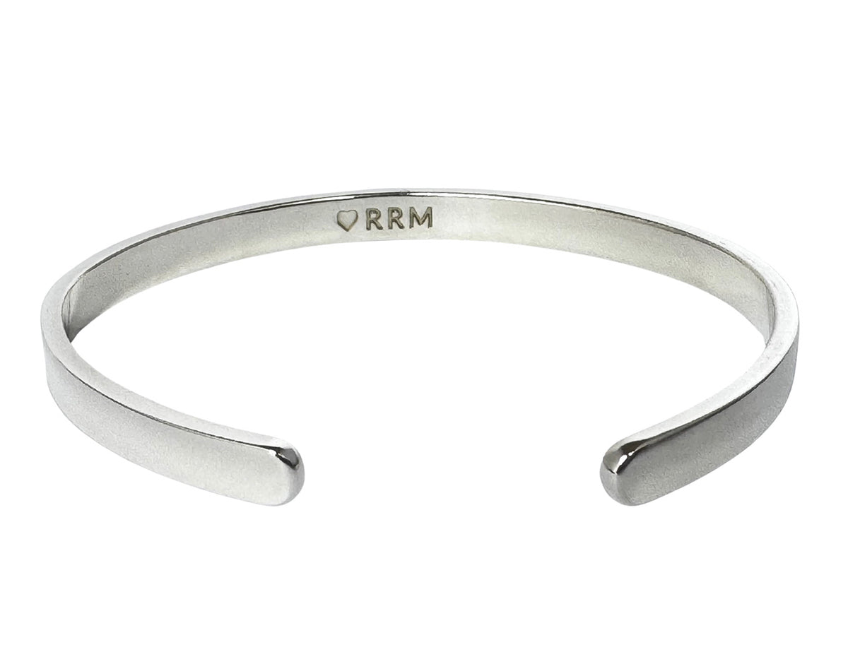 Personalised sterling silver cuff bracelet engraved with a heart and initials 'RRM', handmade in Adelaide