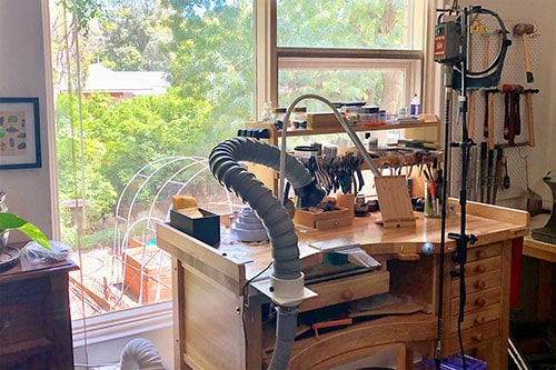 Jewellery bench in front of a large window - Rebecca Cordingley Jewellery