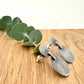 Pair of silver earrings on a wooden surface with a sprig of eucalyptus leaves.