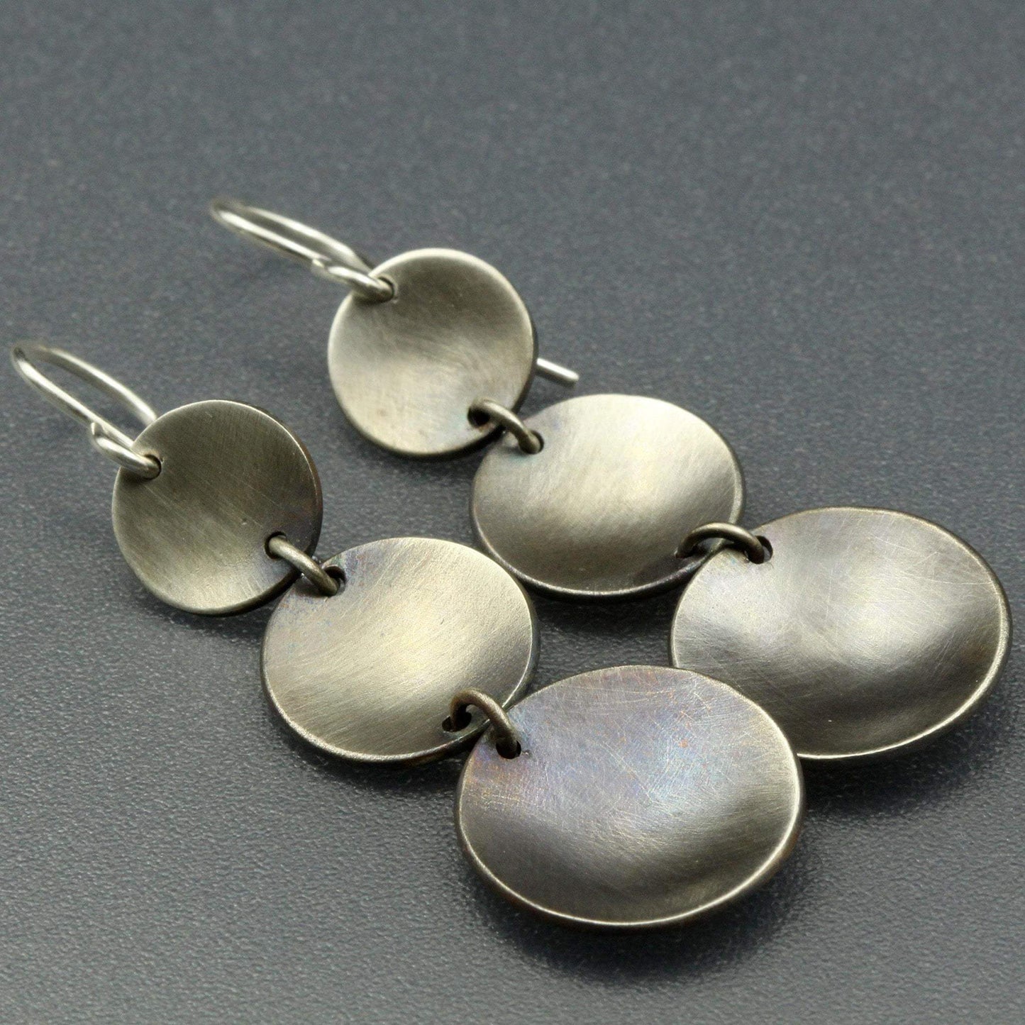Long Silver Earrings - Triple Concave Discs - Rebecca Cordingley