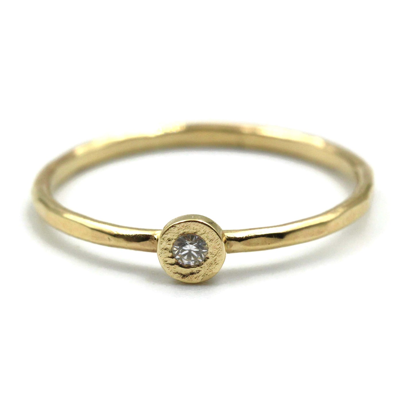 Moissanite stackable rings in 14k gold by Rebecca Cordingley Jewellery