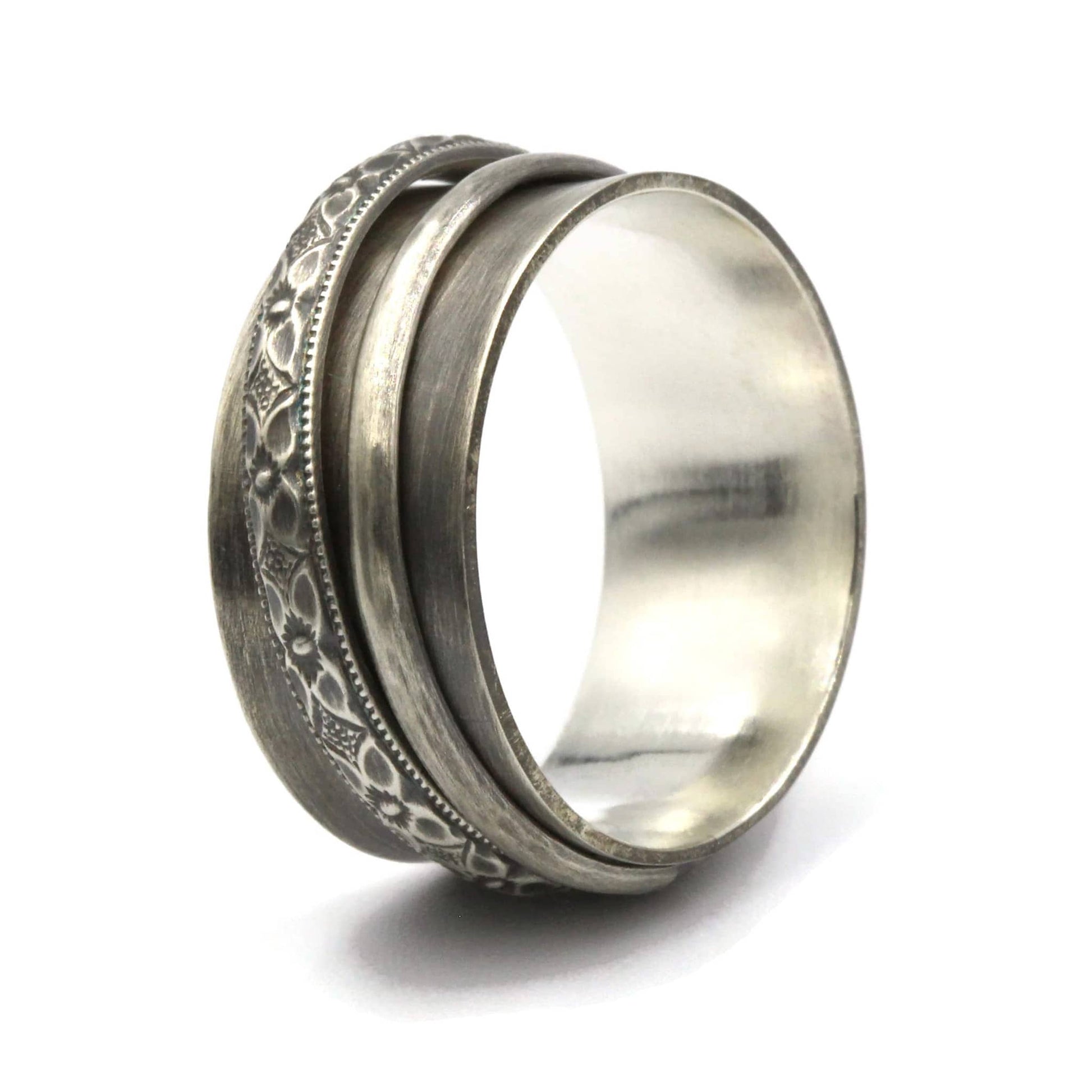 Sterling Silver Fidget Ring with Flower Pattern - Rebecca Cordingley Jewellery