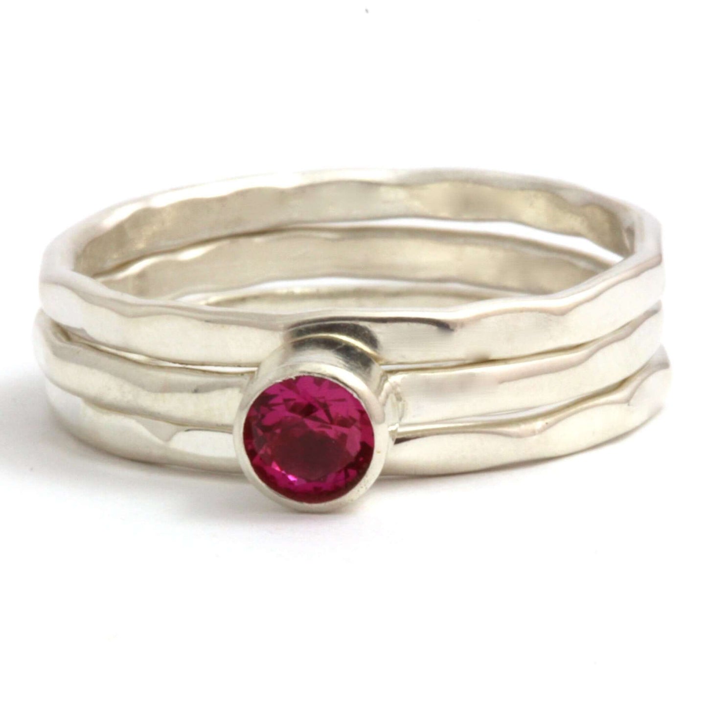 Set of Three Sterling Silver Stacking Rings with Lab Grown Ruby - Rebecca Cordingley