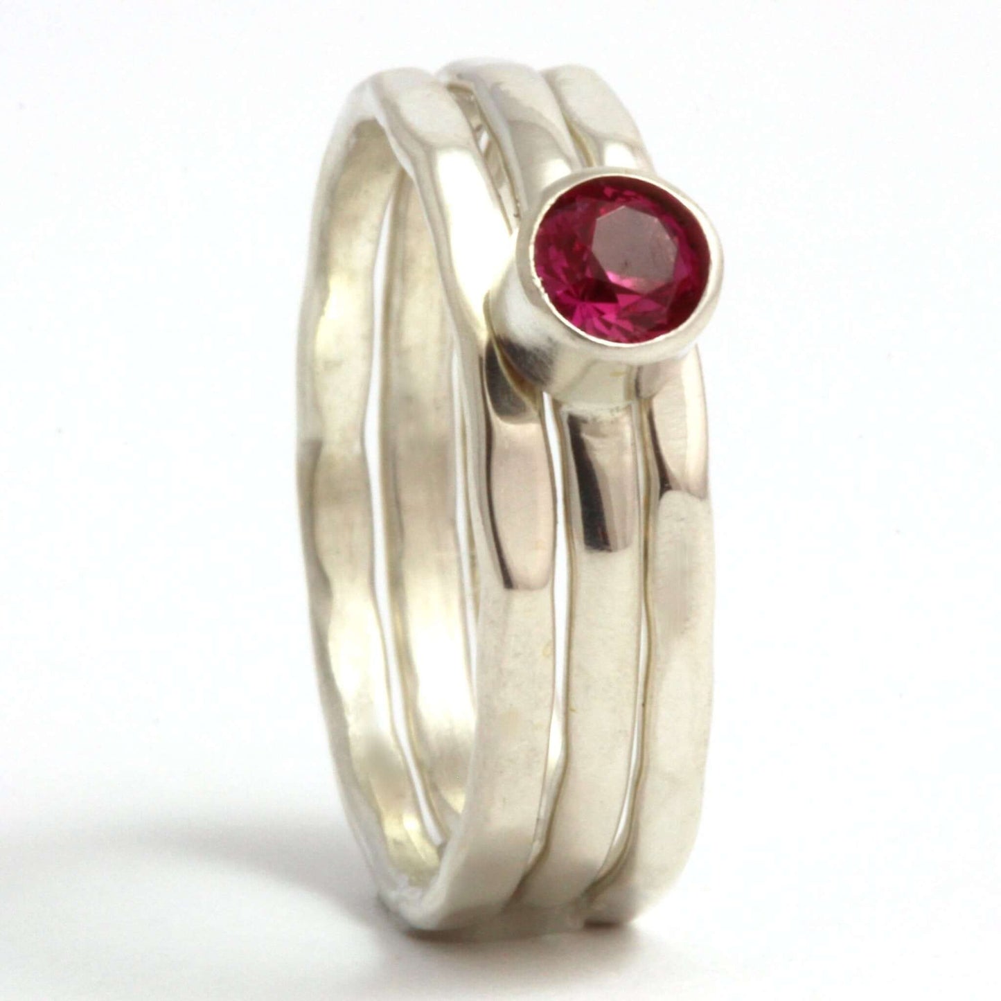 Set of Three Sterling Silver Stacking Rings with Lab Grown Ruby - Rebecca Cordingley
