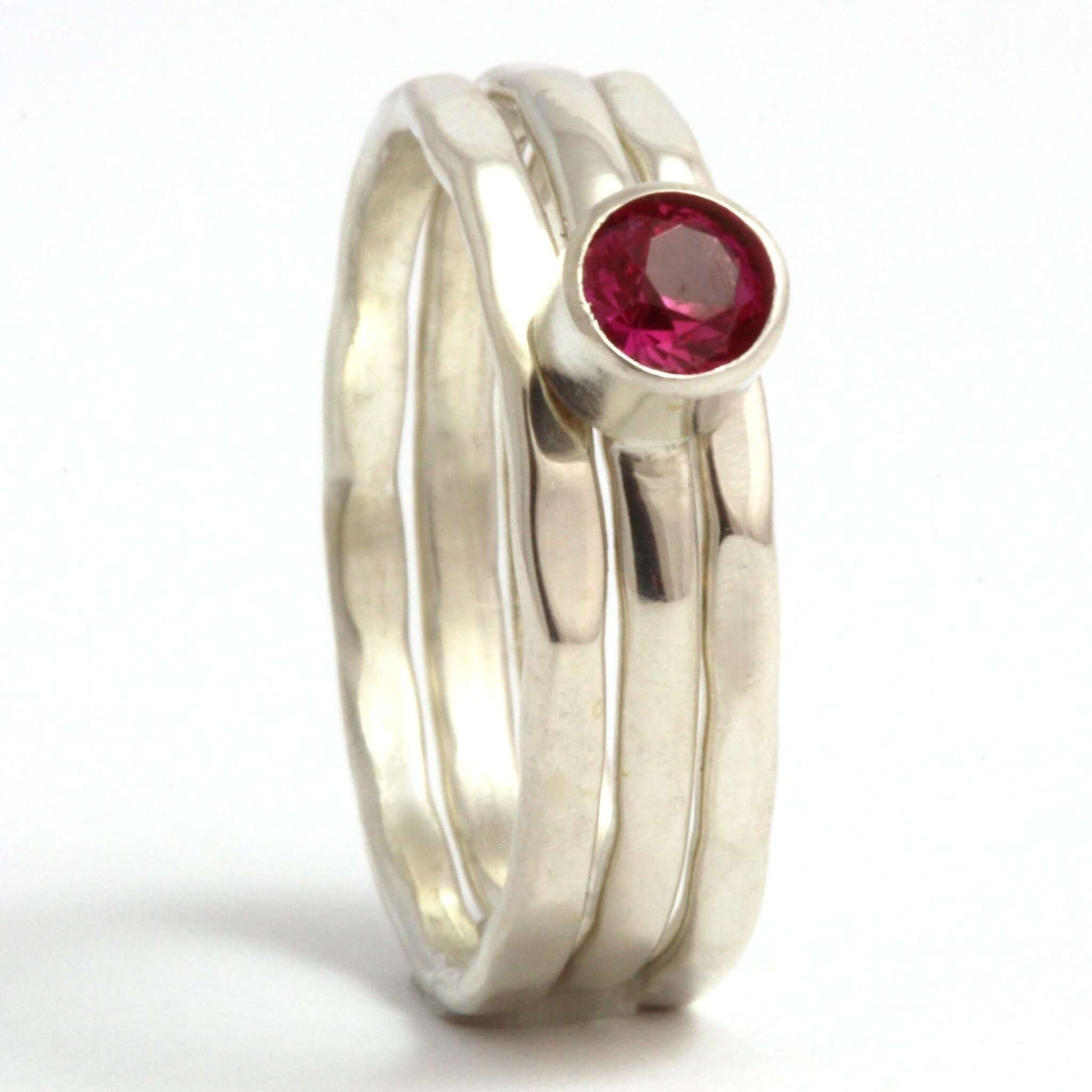 Set of Three Sterling Silver Stacking Rings with Lab Grown Ruby - Rebecca Cordingley