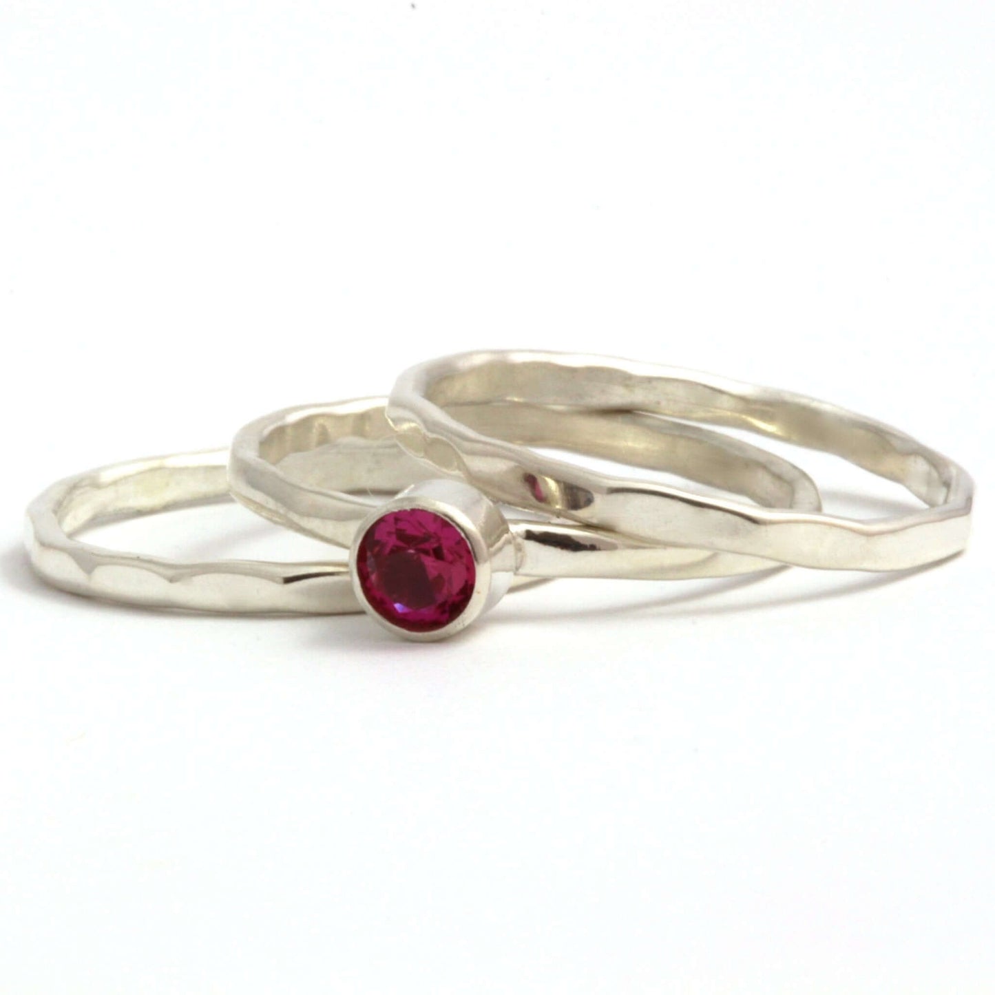 Set of Three Sterling Silver Stacking Rings with Lab Grown Ruby - Rebecca Cordingley