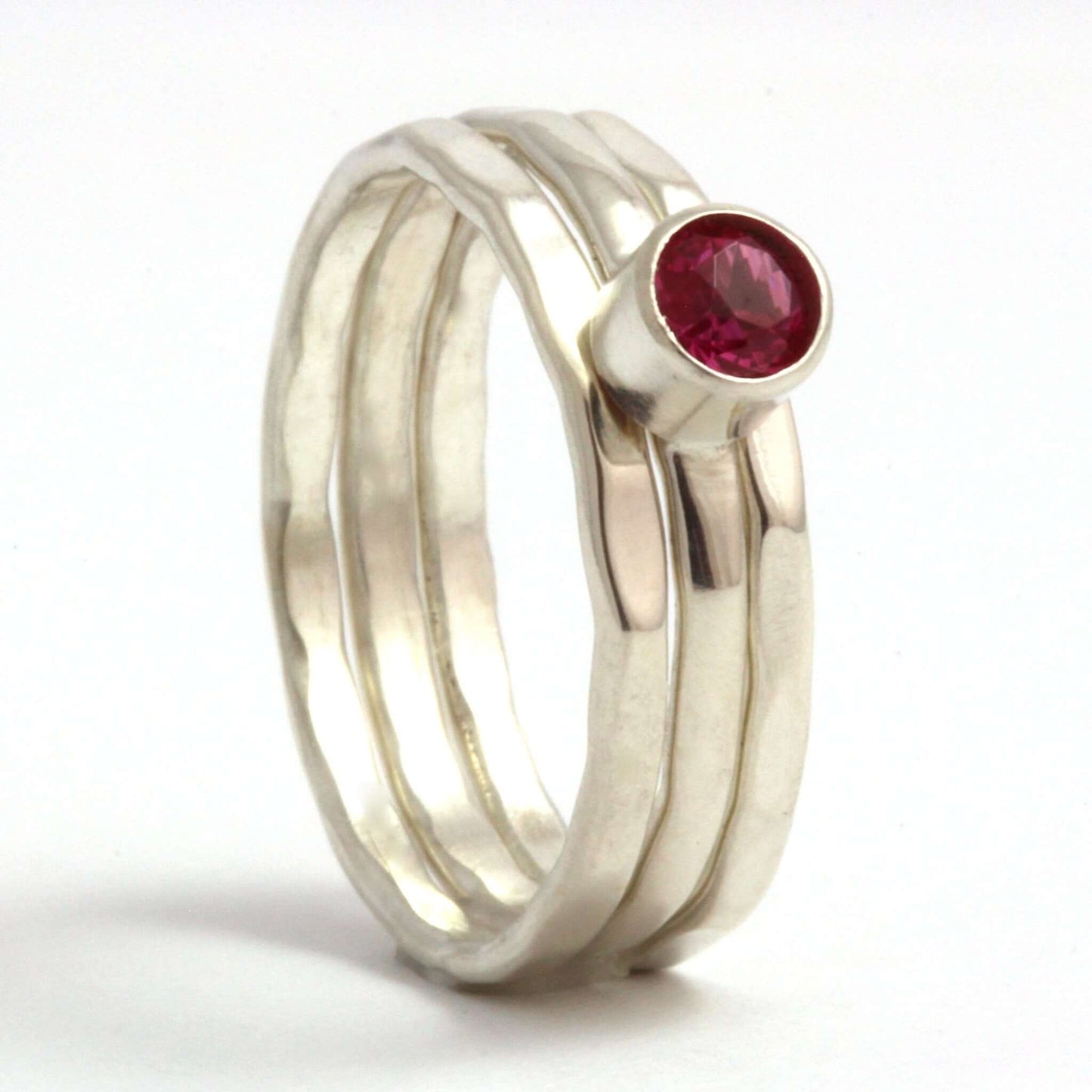 Set of Three Sterling Silver Stacking Rings with Lab Grown Ruby - Rebecca Cordingley