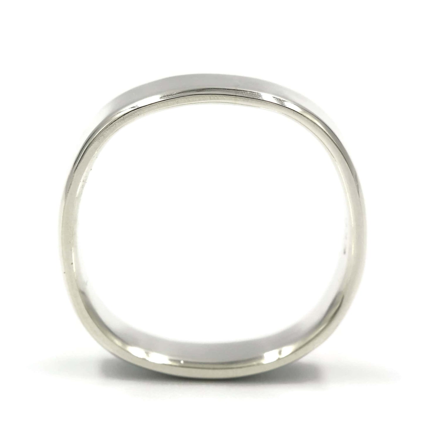 Side view of a square sterling silver wedding ring with bevelled edges, handmade in Australia