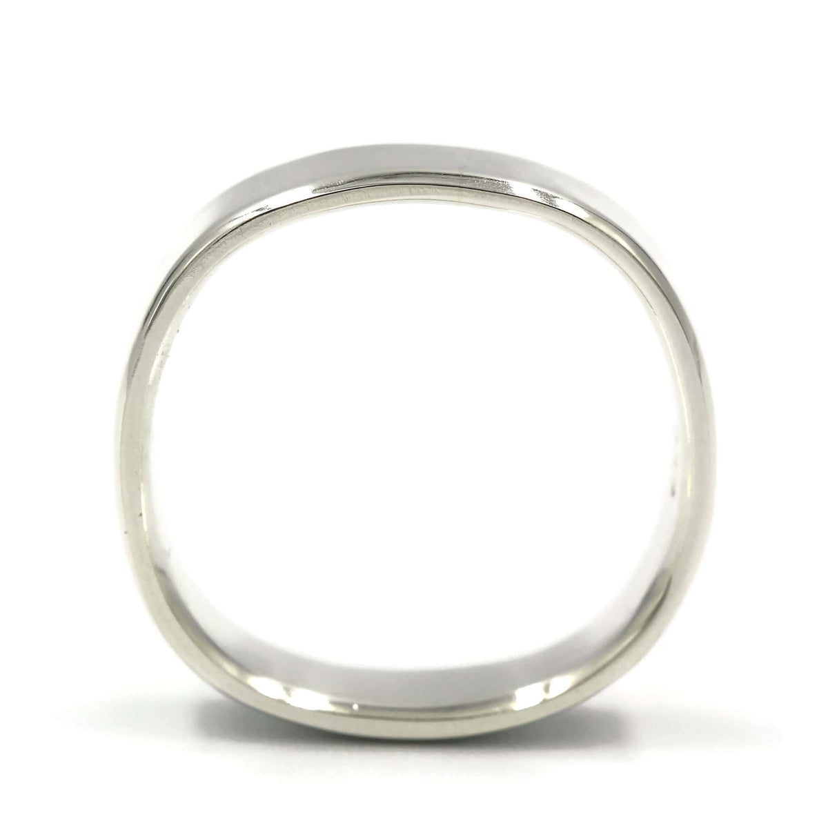 Side view of a square sterling silver wedding ring with bevelled edges, handmade in Australia